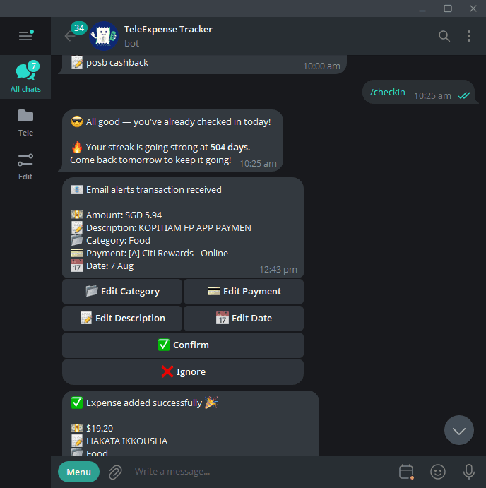 TeleExpense Telegram message showing an email-alert transaction ready for review