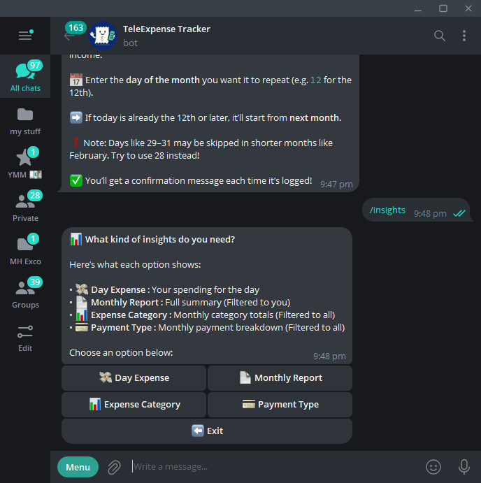 TeleExpense insights menu with daily expense, monthly report, category, and payment options