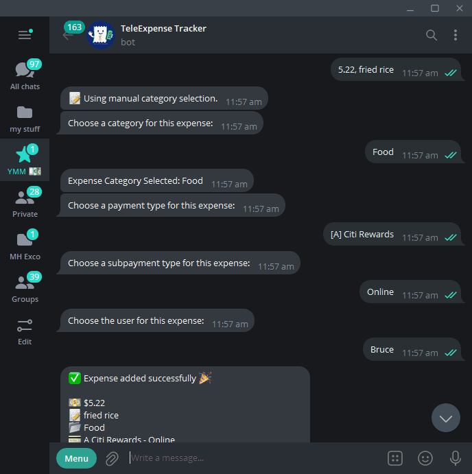 TeleExpense Telegram conversation confirming a quick expense entry