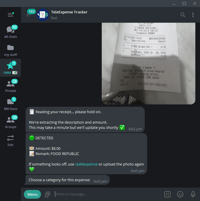 TeleExpense extracting an amount and description from an uploaded receipt photo
