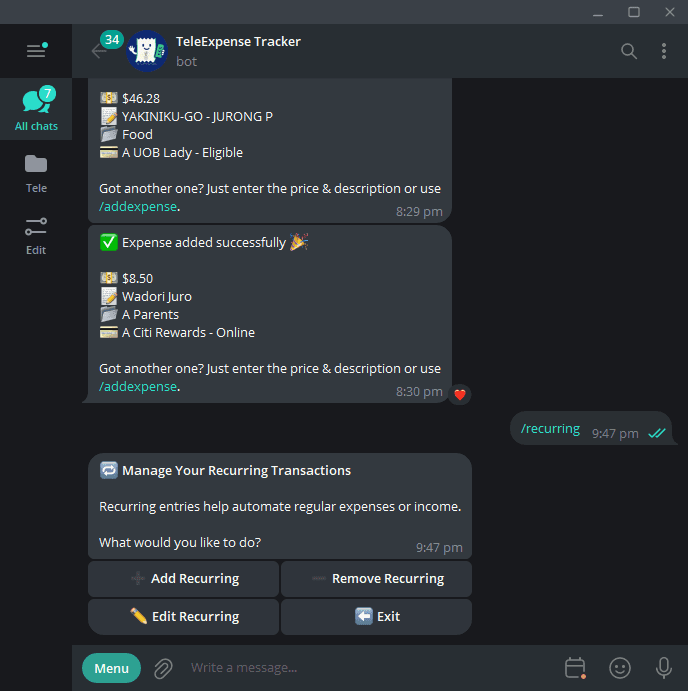 TeleExpense recurring transaction menu with options to add, remove, or edit recurring entries