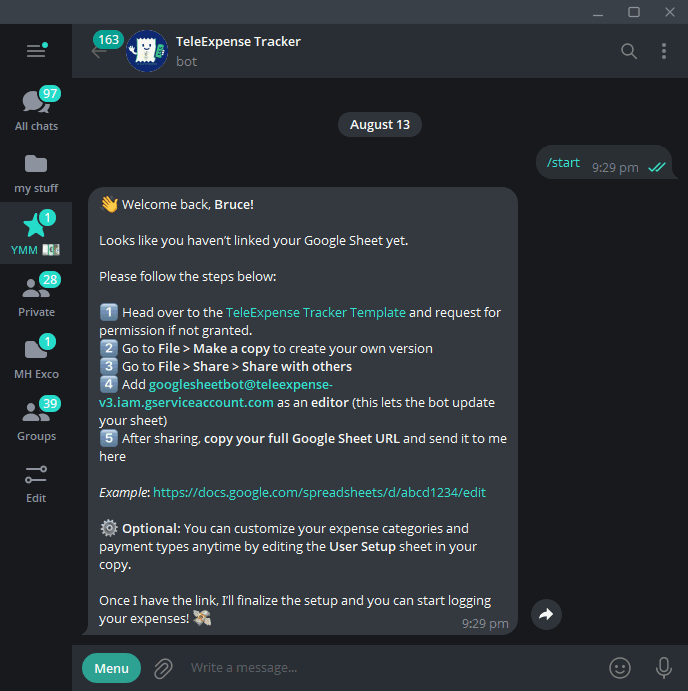 TeleExpense Telegram message explaining how to copy and connect a Google Sheet
